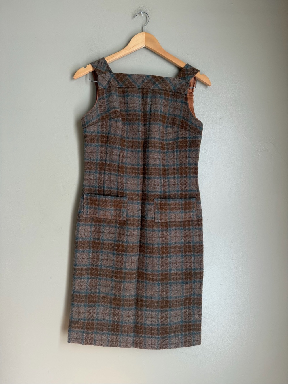 Vtg 40’s 50s 100% Wool Jumper dress Plaid Fall Joan Miller Brown